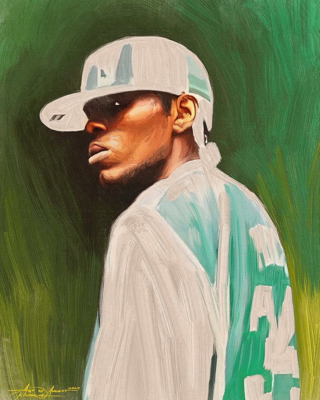 Custom digital portrait of a man wearing a cap and jersey, painted with a green abstract background by ArtbyAncient Jamaica