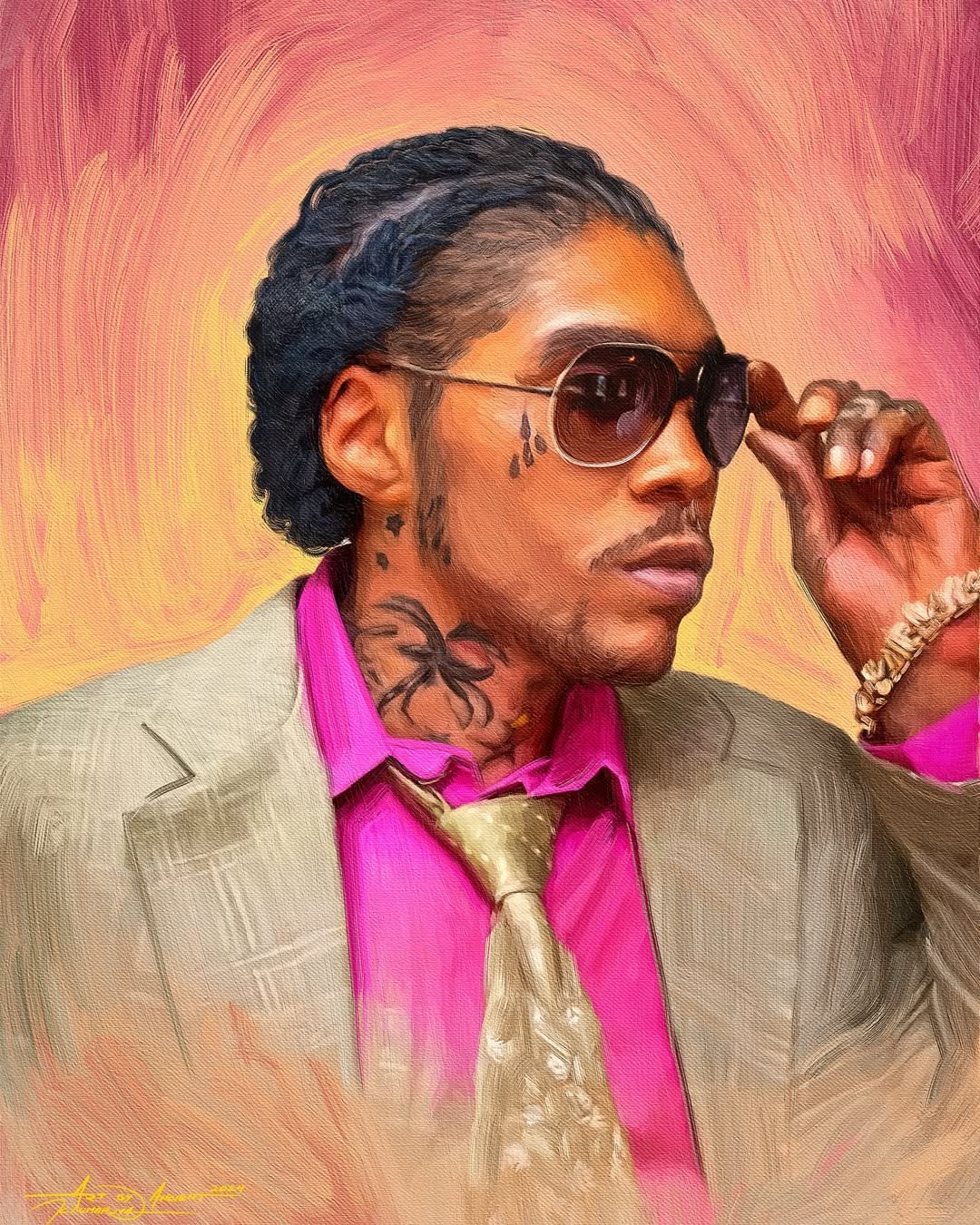 Custom digital portrait of a stylish man in a suit and sunglasses, painted with a warm abstract background by ArtbyAncient Jamaica