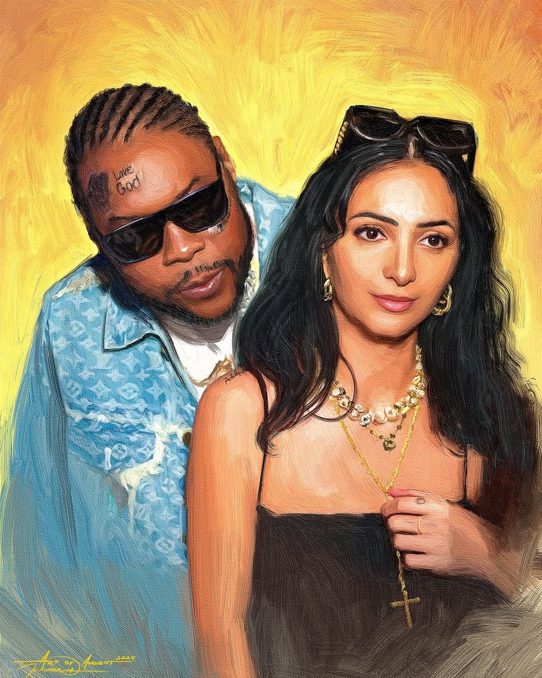 Custom digital portrait of a stylish couple with a warm golden background, painted in a realistic canvas style by ArtbyAncient Jamaica