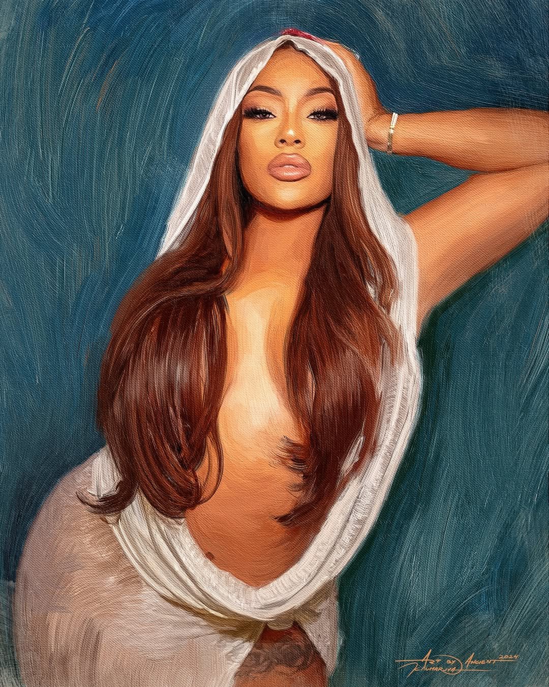 Luxury digital portrait of an elegant woman with long hair and draped fabric, painted in a soft teal background by ArtbyAncient Jamaica
