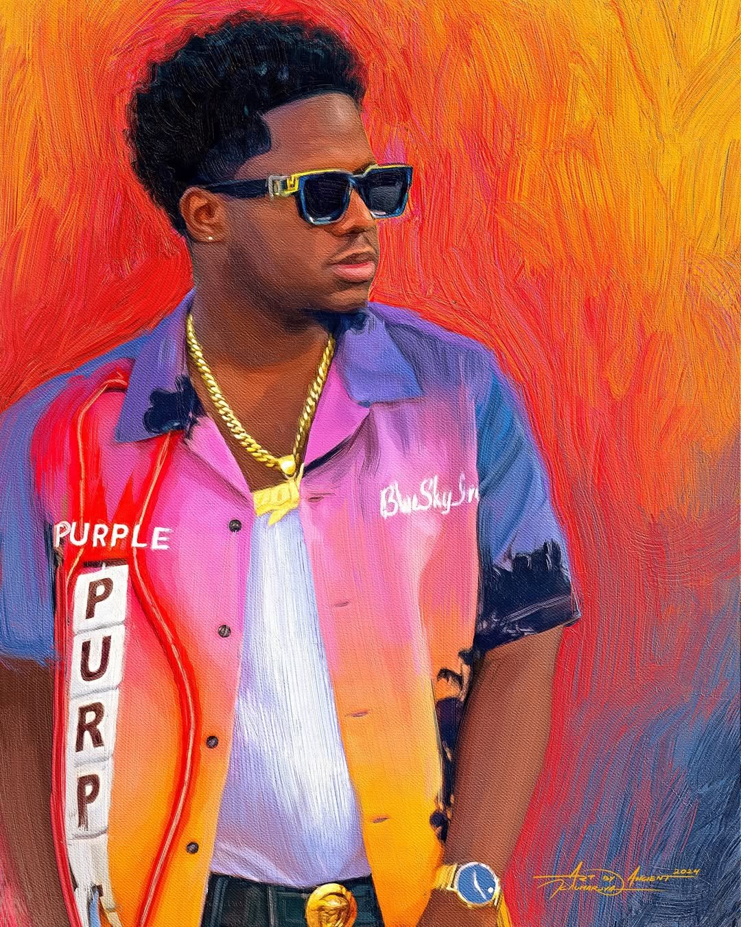 Custom digital portrait of a stylish man wearing sunglasses and colorful shirt, painted with a vibrant orange background by ArtbyAncient Jamaica