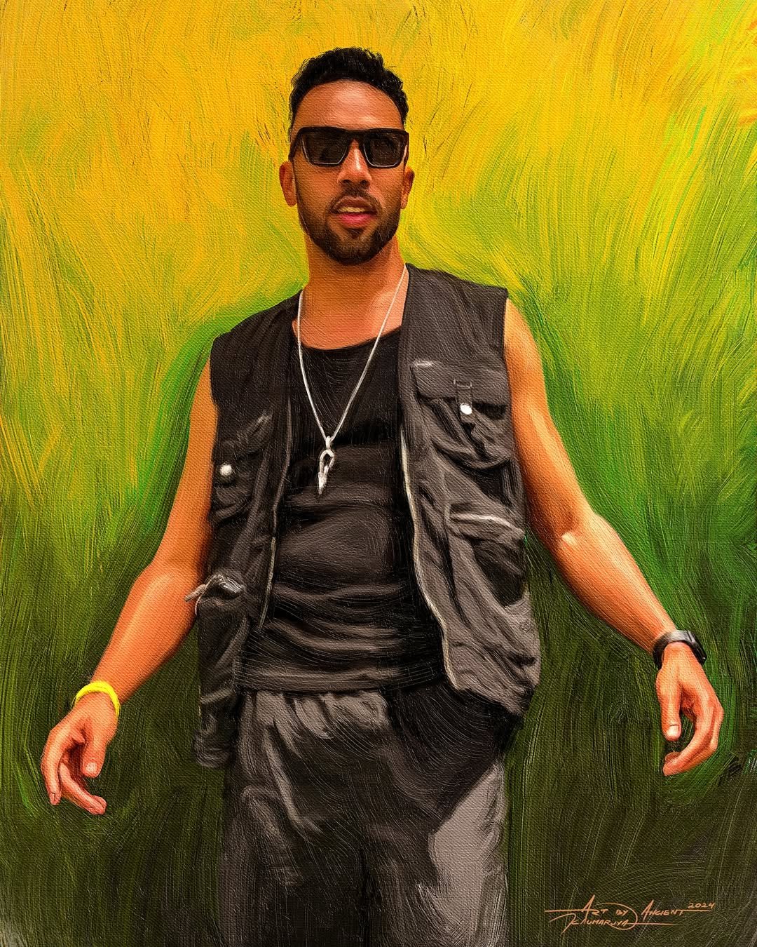 Custom digital portrait of a stylish man in sunglasses, painted in a vibrant green and yellow background by ArtbyAncient Jamaica