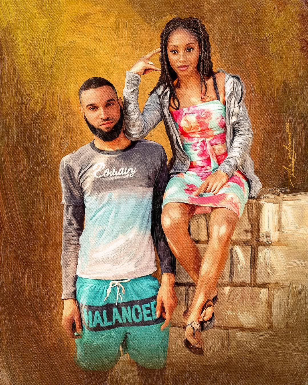 Custom digital portrait painting of a young couple in Jamaica, transformed from photo into high-detail canvas-style artwork by ArtbyAncient